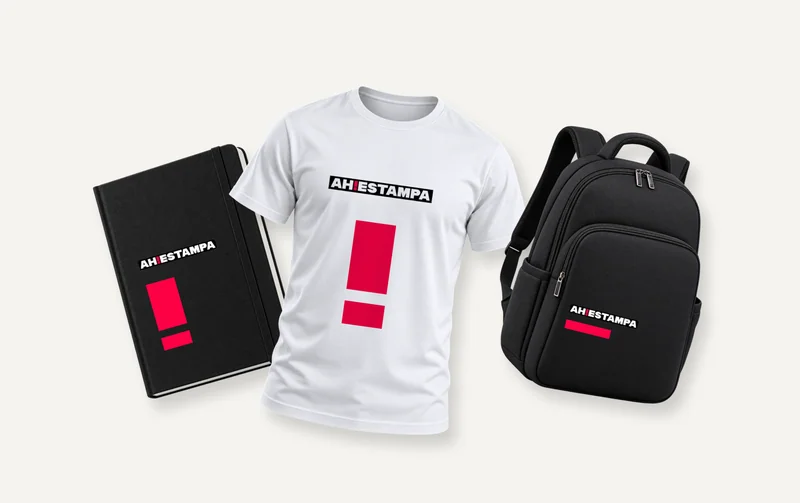 Composição ilustrativa dos três produtos com a identidade Ah!Estampa.