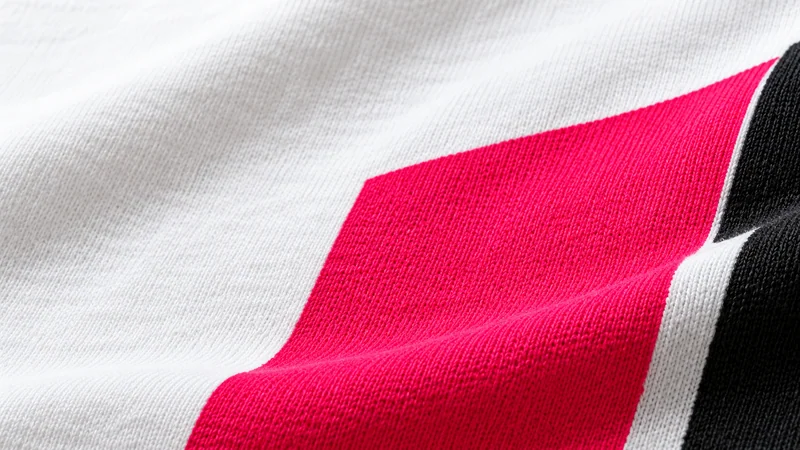 Detalhe ilustrativo de tecido branco com grafismo rosa e preto.